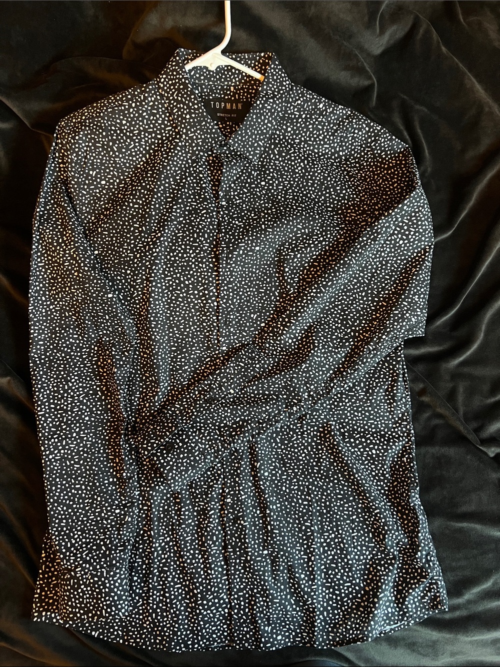 Topman Men’s Black Shirt with White Dot Print. Stretch Fit Size L. (Fitted)